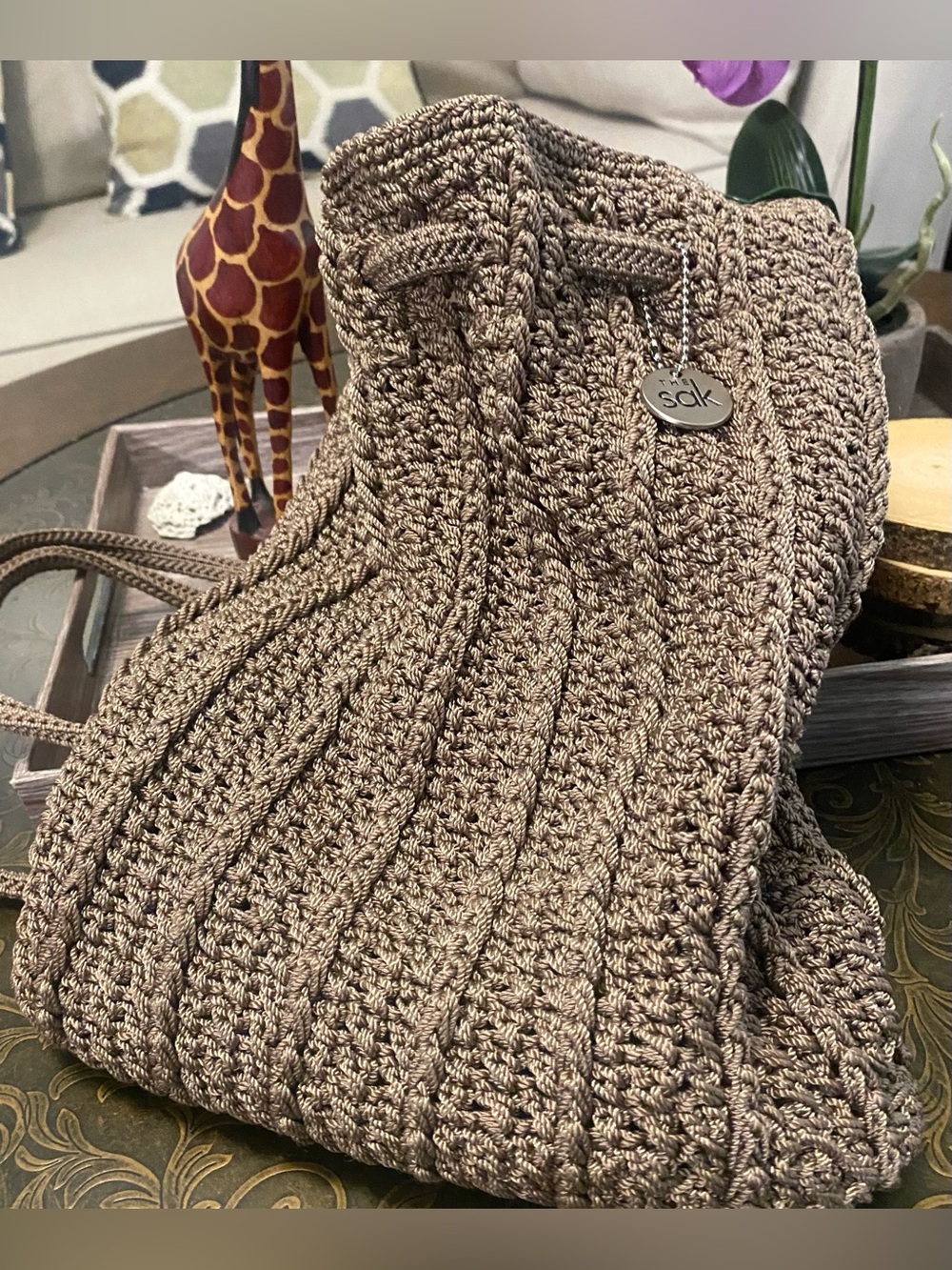 The Sak Crochet Drawstring Bohemian Style Backpack - Taupe Brown